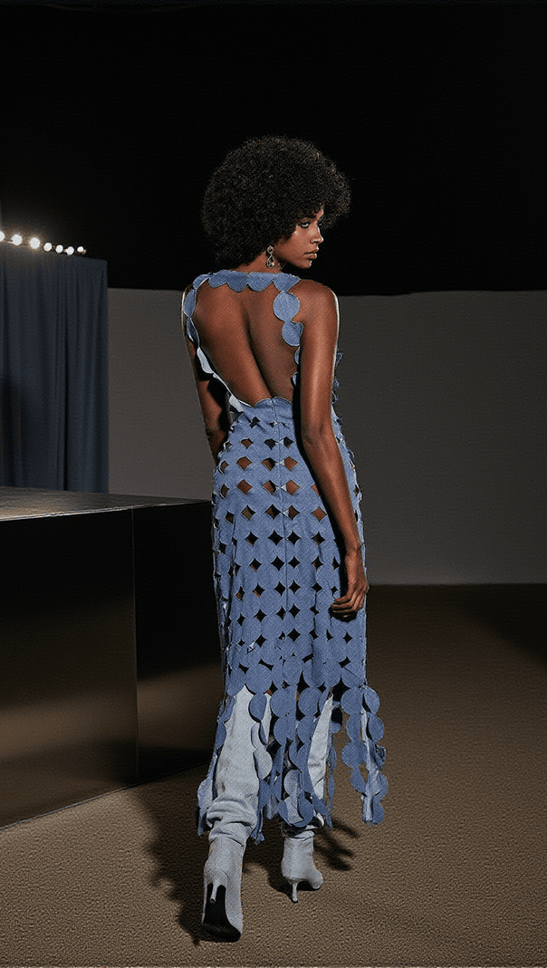 AIIZIE NYX CIRCLE CUTOUT FRINGE DENIM MAXI DRESS - product image