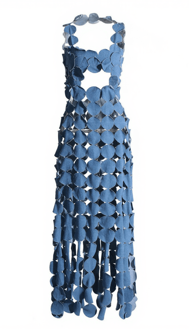 AIIZIE NYX CIRCLE CUTOUT FRINGE DENIM MAXI DRESS - product image