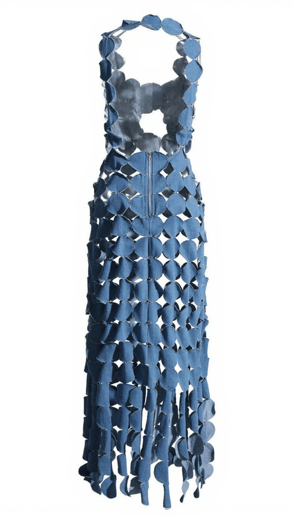 AIIZIE NYX CIRCLE CUTOUT FRINGE DENIM MAXI DRESS - product image
