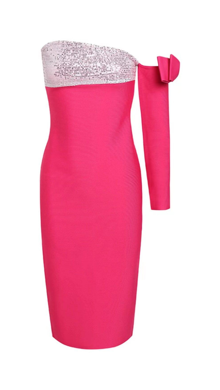 EINLINIGES SCHULTERKLEID MIT GROSSER SCHLEIFE UND UNREGELMÄSSIGEM KLEID IN PFIRSICHROSA