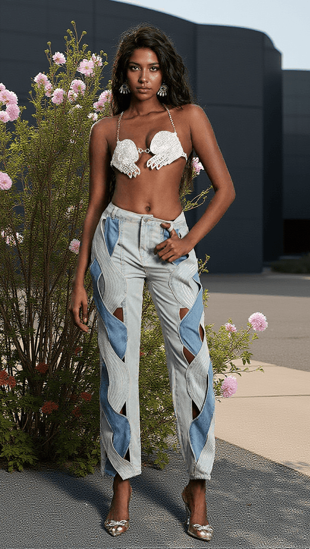 AIIZIE MEHETABEL CUTOUT DENIM PANTS IN LIGHT BLUE - product image