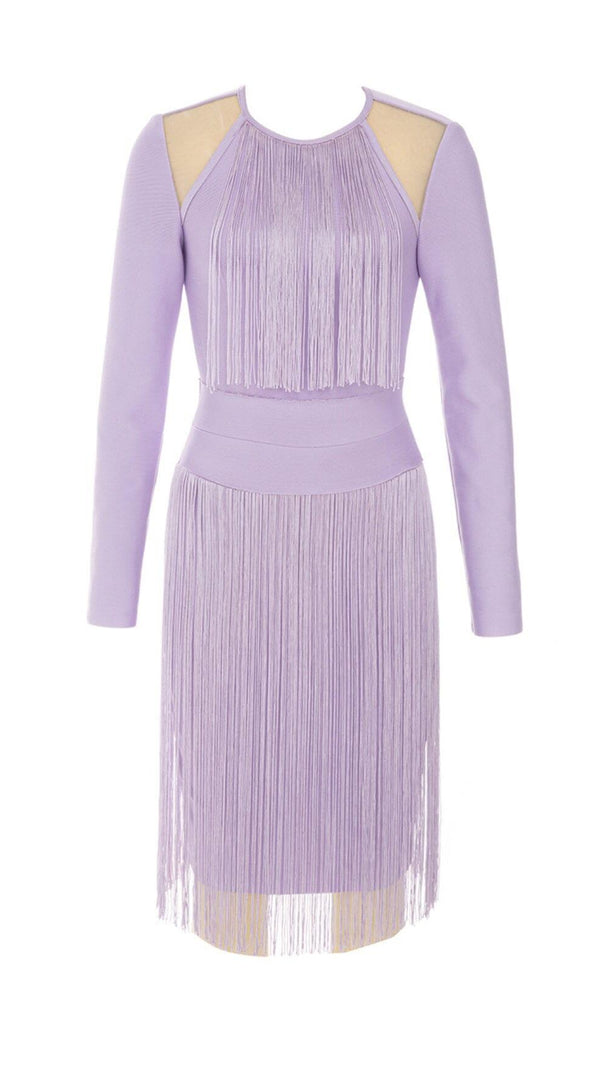 AIIZIE HOLLOWED-OUT SHOULDER FRINGED DRESS IN PURPLE - product image