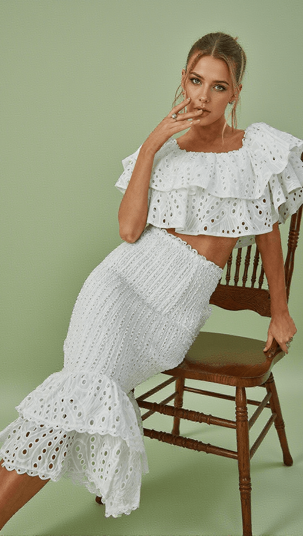 AIIZIE WISTERIA RUFFLE OFF SHOULDER HOLLOW SET IN WHITE - product image