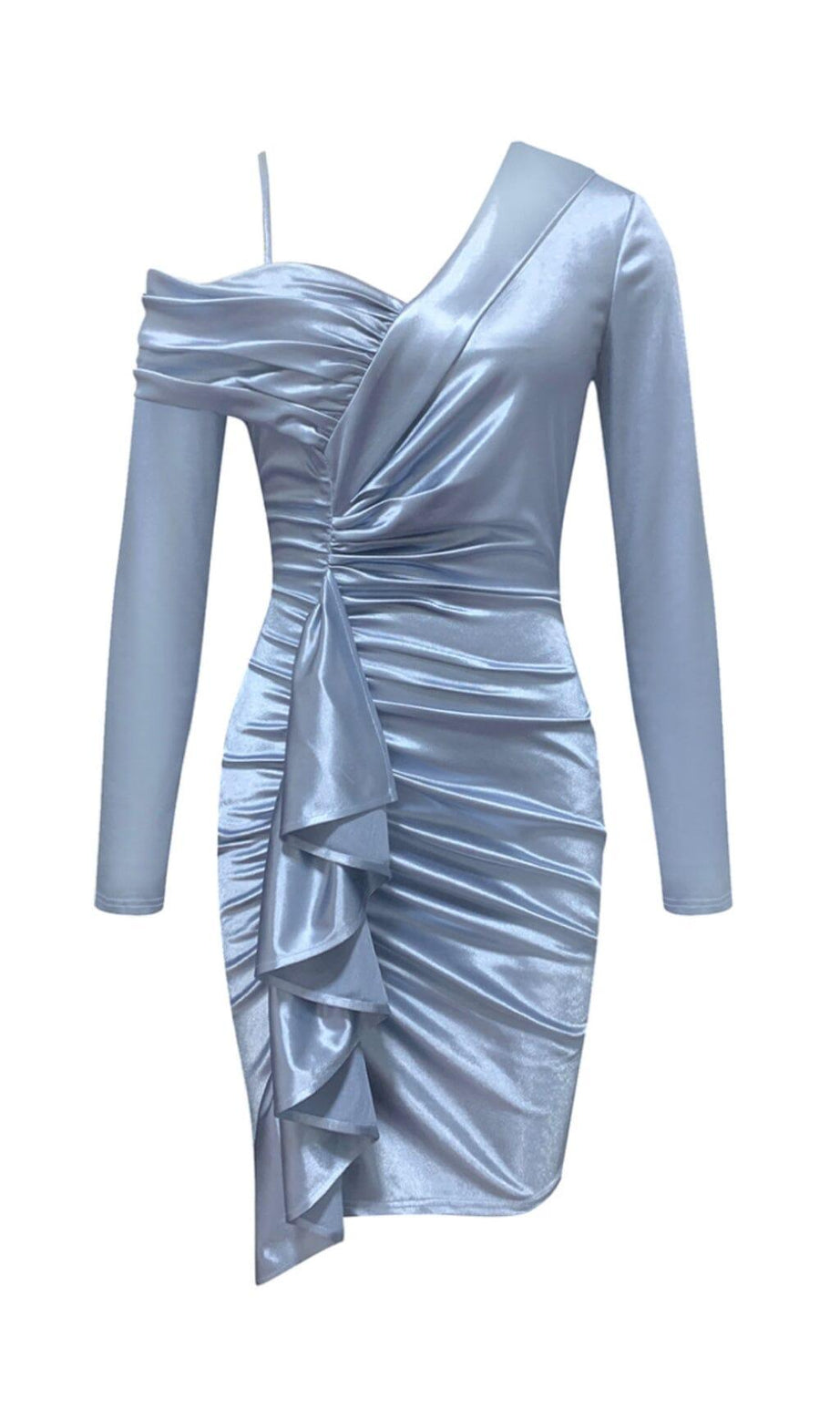 ABITO CON BALZE IRREGOLARI E SPALLE SCOPERTE IN GRIGIO-BLU
