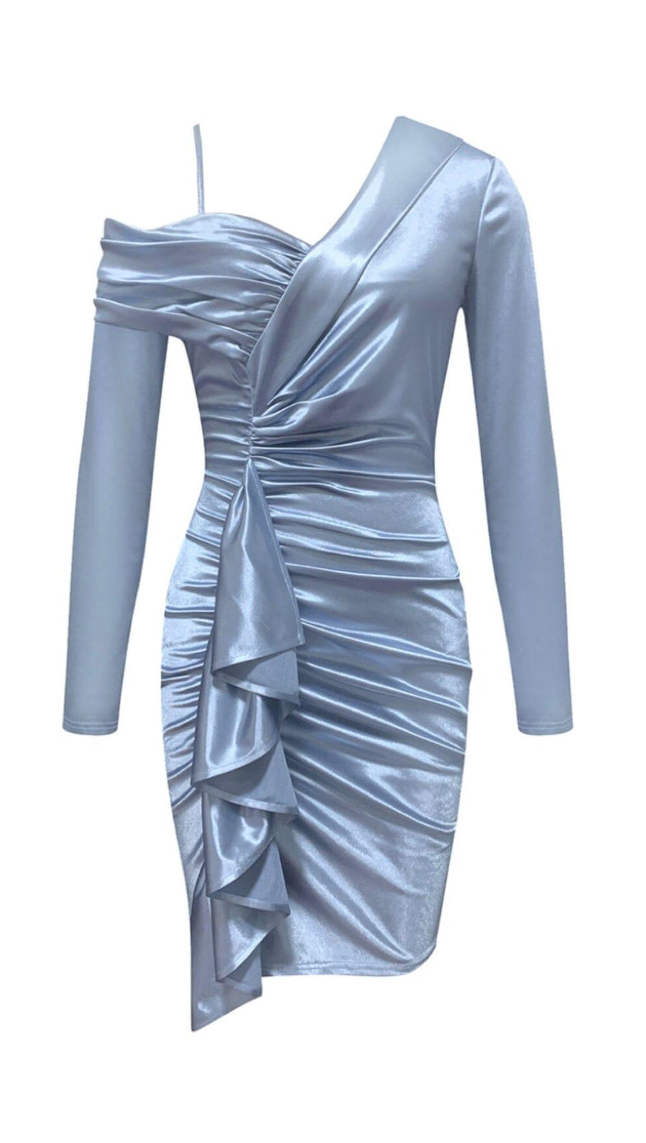 IRREGULAR OFF SHOULDER FLOUNCES DRESS IN GRAY-BLUE