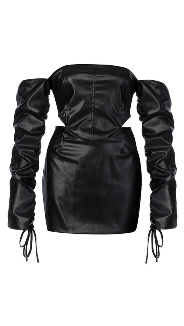 AIIZIE OVERSIZED LEATHER OFF SHOULDER BODYCON MINI DRESS - product image