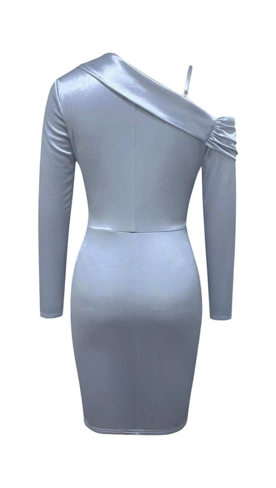 IRREGULAR OFF SHOULDER FLOUNCES DRESS IN GRAY-BLUE