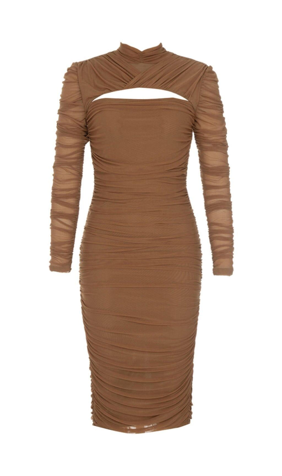 PLEATED TULLE COVERING BUTOCKS DRESS IN MOCHA-COLORED