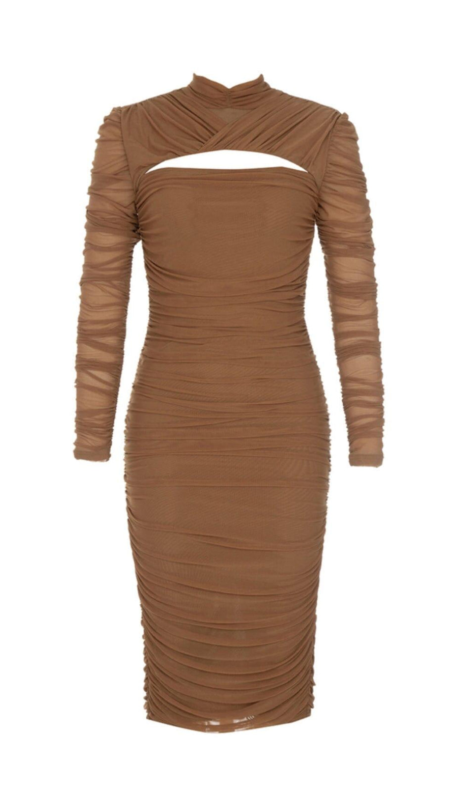 PLEATED TULLE COVERING BUTOCKS DRESS IN MOCHA-COLORED