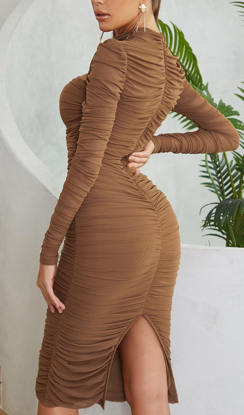 PLEATED TULLE COVERING BUTOCKS DRESS IN MOCHA-COLORED