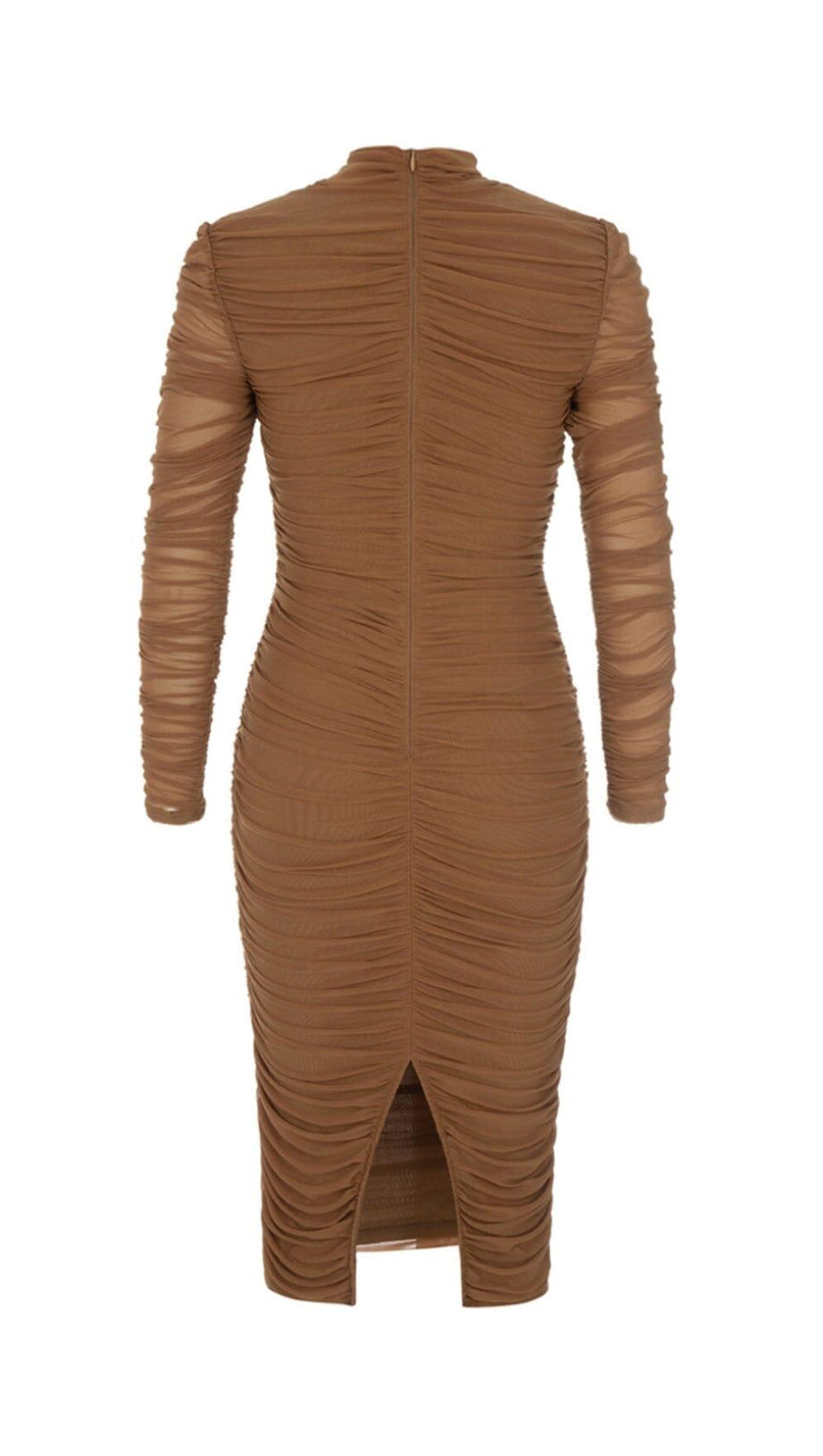 PLEATED TULLE COVERING BUTOCKS DRESS IN MOCHA-COLORED