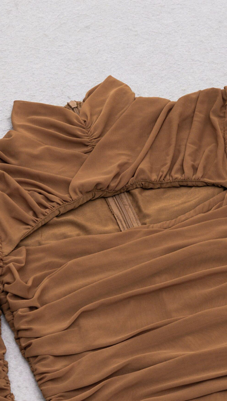 PLEATED TULLE COVERING BUTOCKS DRESS IN MOCHA-COLORED