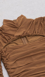 PLEATED TULLE COVERING BUTOCKS DRESS IN MOCHA-COLORED