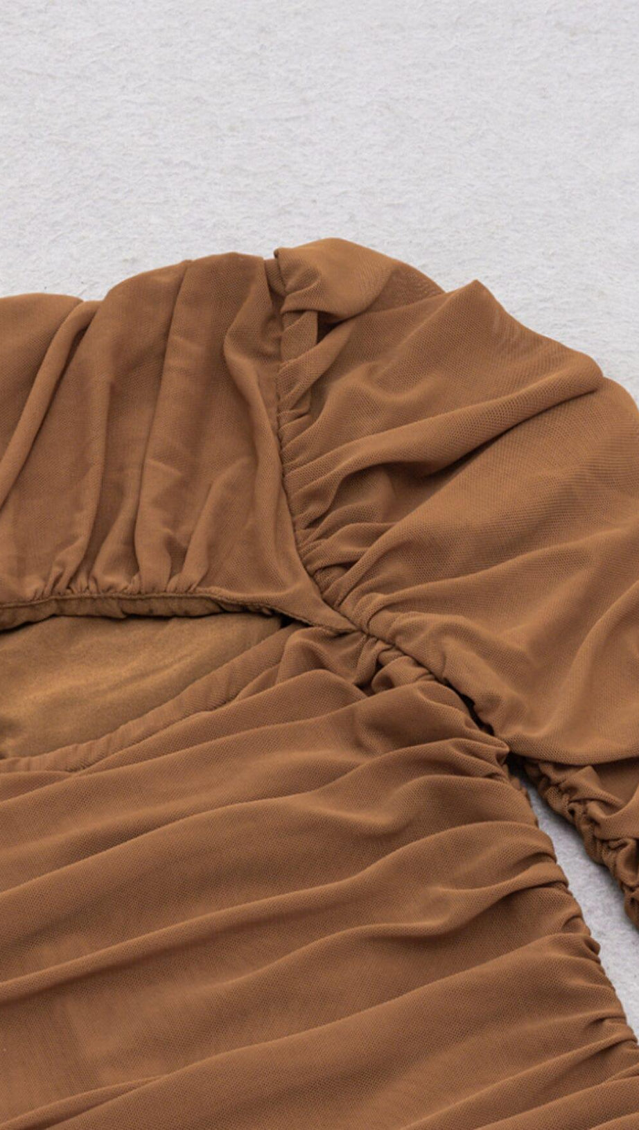 PLEATED TULLE COVERING BUTOCKS DRESS IN MOCHA-COLORED