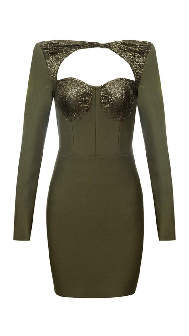 AIIZIE SEQUIN BODICE HIP WRAP DRESS IN OLIVE GREEN - product image
