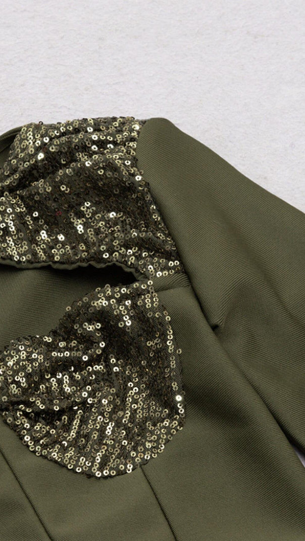 AIIZIE SEQUIN BODICE HIP WRAP DRESS IN OLIVE GREEN - product image