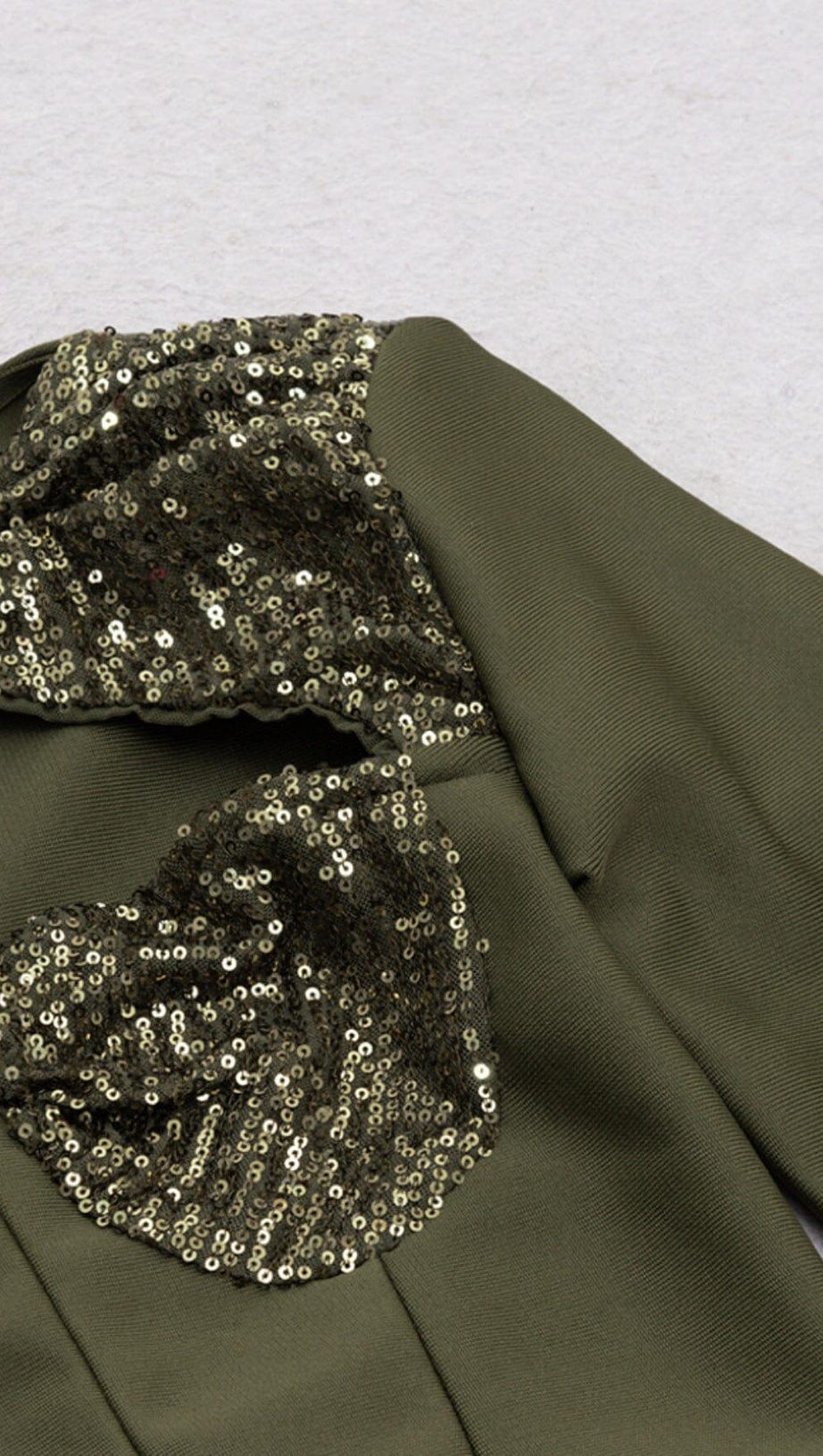 SEQUIN BODICE HIP WRAP DRESS IN OLIVE GREEN