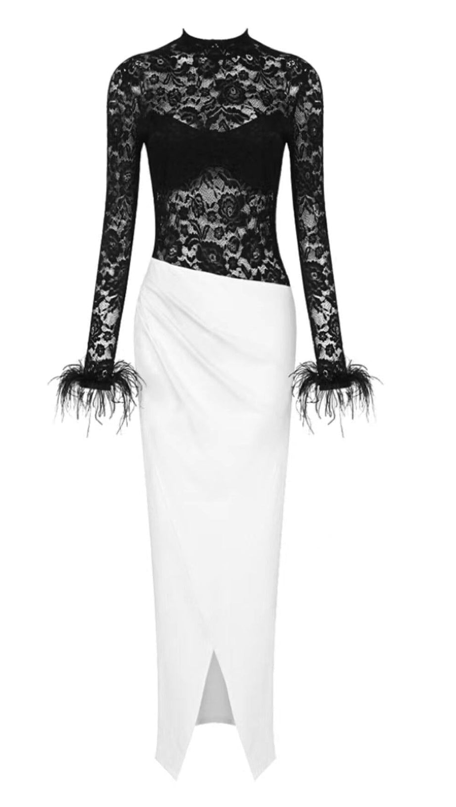 Kleid mit gespleißter Spitze und Federschlitz in Schwarz und Weiß