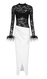 SPLICED LACE FEATHER SLIT DRESS IN BLACK AND WHITE