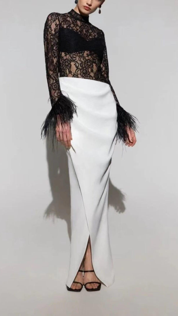 AIIZIE SPLICED LACE FEATHER SLIT DRESS IN BLACK AND WHITE - product image