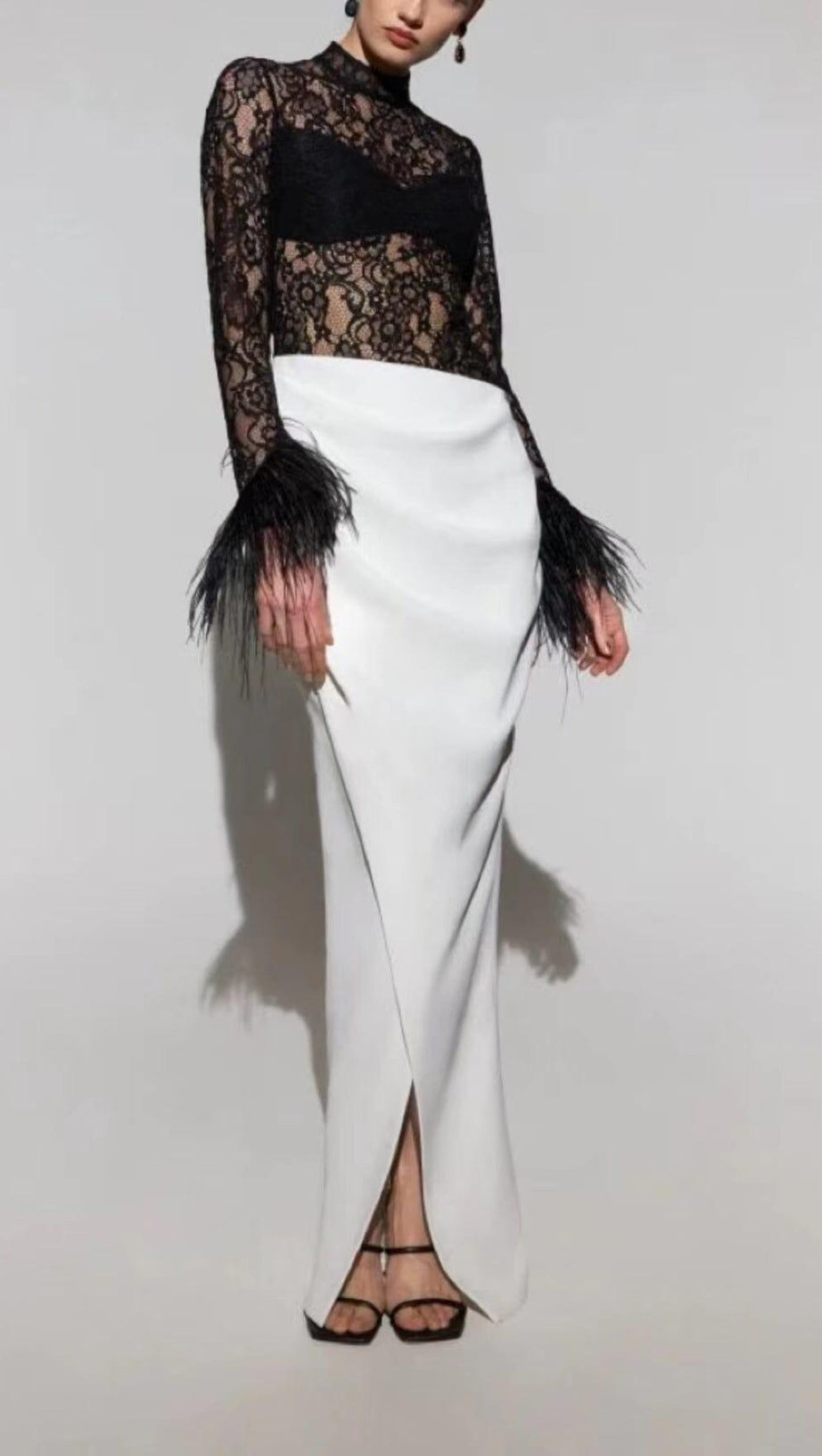 SPLICED LACE FEATHER SLIT DRESS IN BLACK AND WHITE