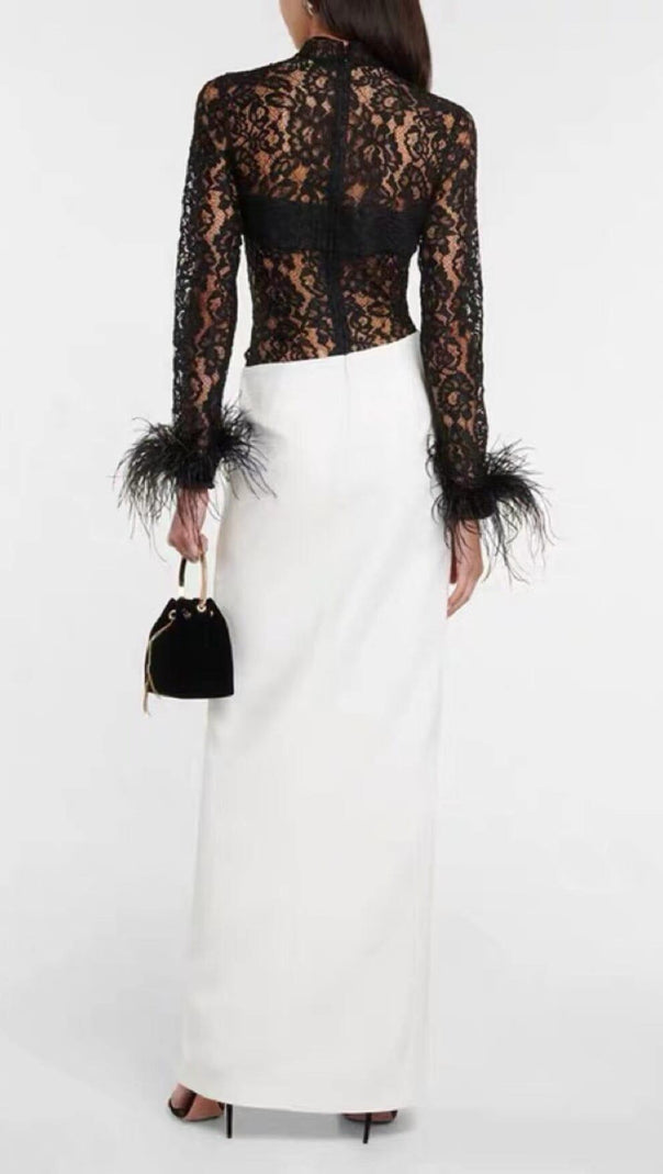AIIZIE SPLICED LACE FEATHER SLIT DRESS IN BLACK AND WHITE - product image