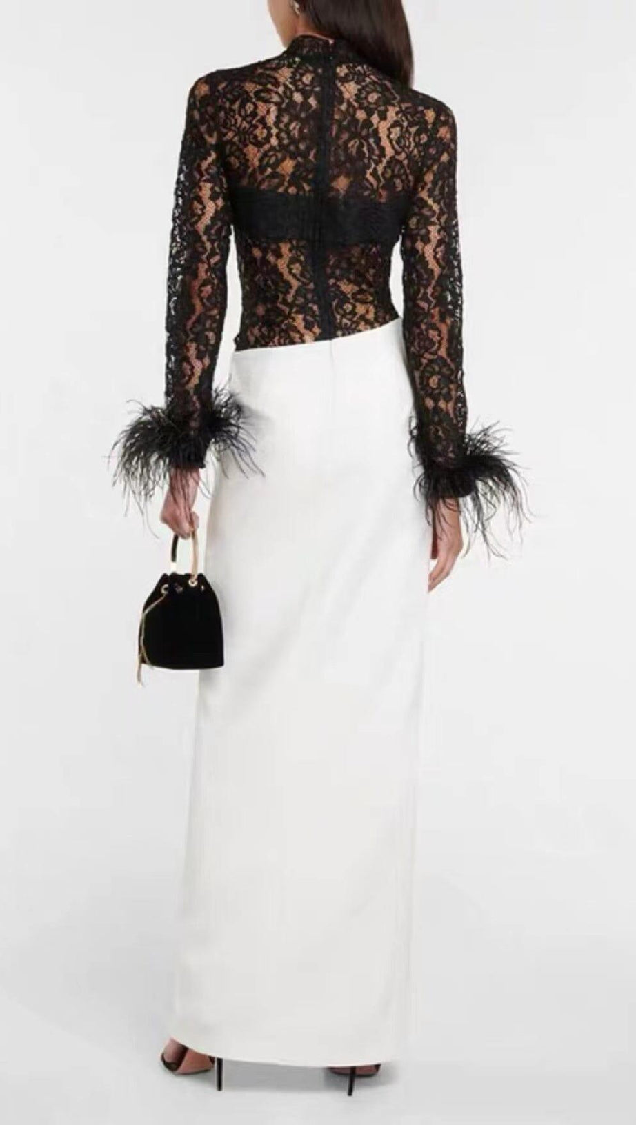 SPLICED LACE FEATHER SLIT DRESS IN BLACK AND WHITE