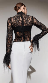 SPLICED LACE FEATHER SLIT DRESS IN BLACK AND WHITE