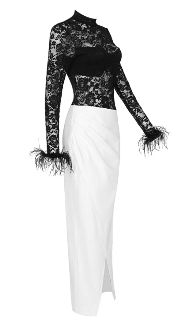 AIIZIE SPLICED LACE FEATHER SLIT DRESS IN BLACK AND WHITE - product image