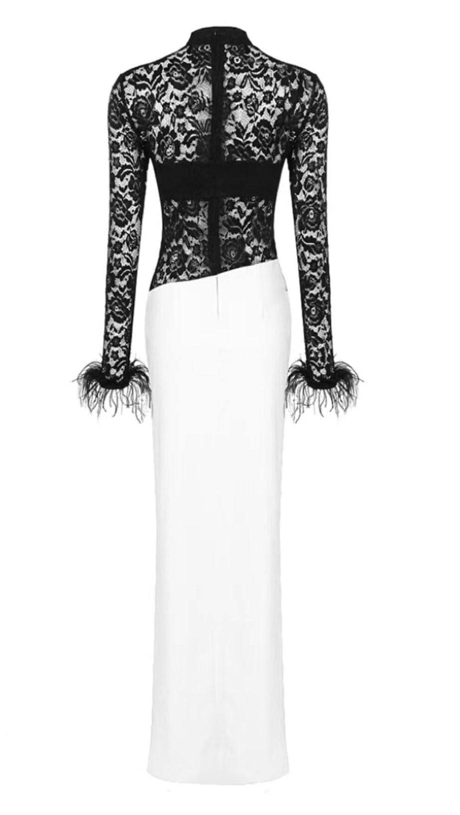 SPLICED LACE FEATHER SLIT DRESS IN BLACK AND WHITE