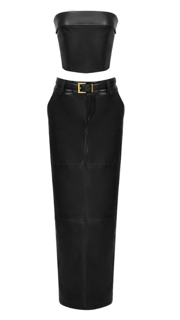 AIIZIE TWO-PIECE MATTE LEATHER TOP WITH BELT DRESS IN BLACK - product image