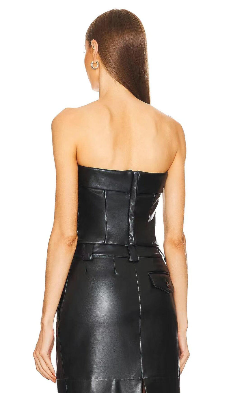 TWO-PIECE MATTE LEATHER TOP WITH BELT DRESS IN BLACK