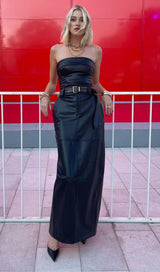 TWO-PIECE MATTE LEATHER TOP WITH BELT DRESS IN BLACK