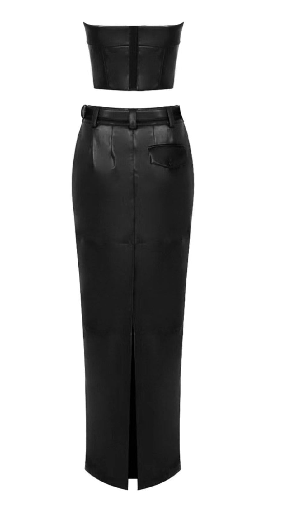 ZWEITEILIGES TOP AUS MATTEM LEDER MIT GÜRTELKLEID IN SCHWARZ