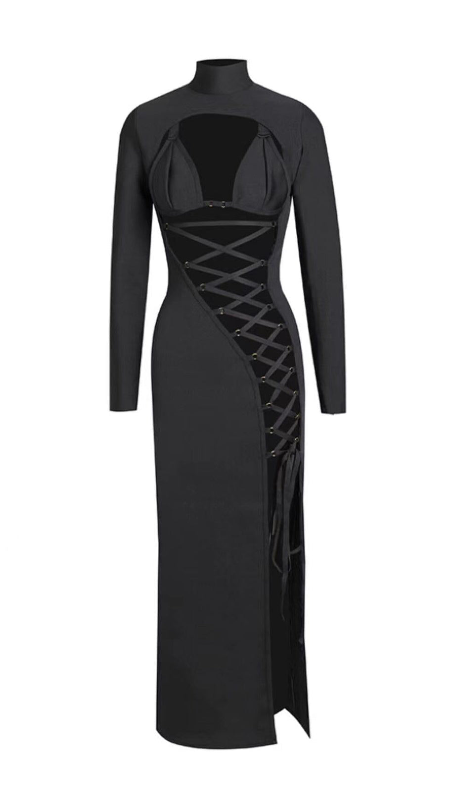 IRREGULAR LACE-UP SLIT DRESS IN BLACK