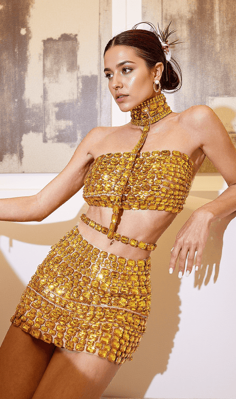 Zelie Rhinestone Skirt Set In Gold