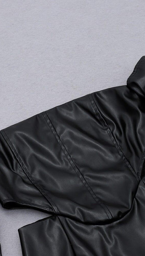 OVERSIZED LEATHER OFF SHOULDER BODYCON MINI DRESS