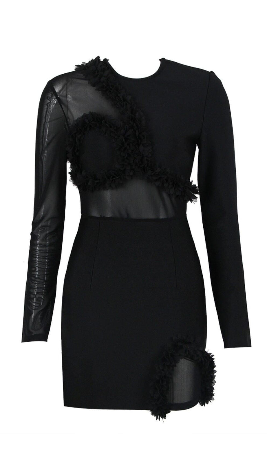 MESH FABRIC STITCHED MINI DRESS IN BLACK