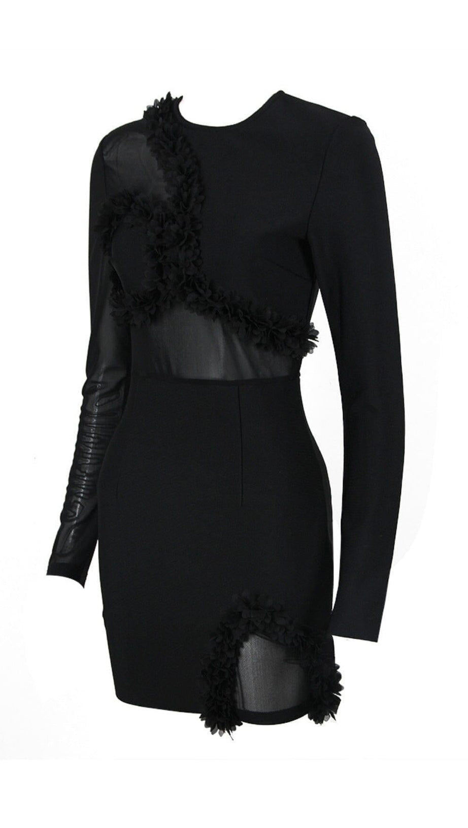 MESH FABRIC STITCHED MINI DRESS IN BLACK