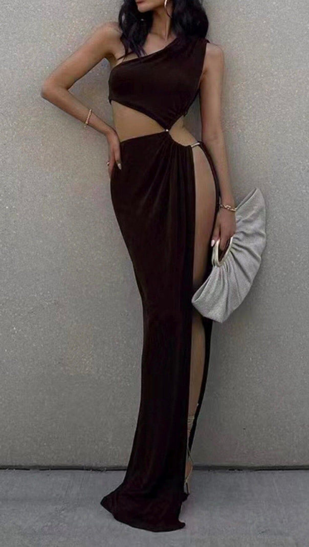 AIIZIE SLEEVELESS HOLLOW SLIT MAXI DRESS IN BROWN - product image
