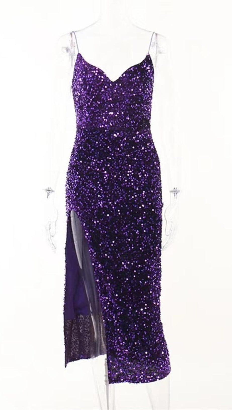 V-AUSSCHNITT, RÜCKENFREIES MIDIKLEID MIT PAILLETTEN, LILA