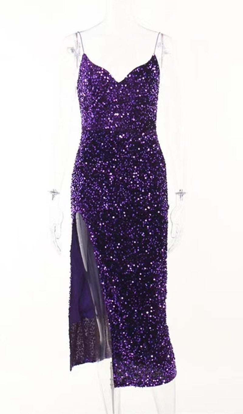 V-NECK SLIT BACKLESS SEQUIN MIDI DRESS IN PURPLE