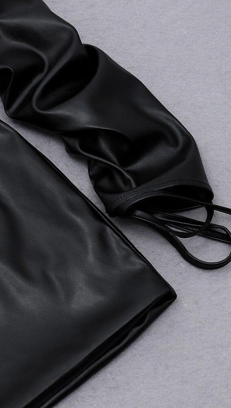 OVERSIZED LEATHER OFF SHOULDER BODYCON MINI DRESS