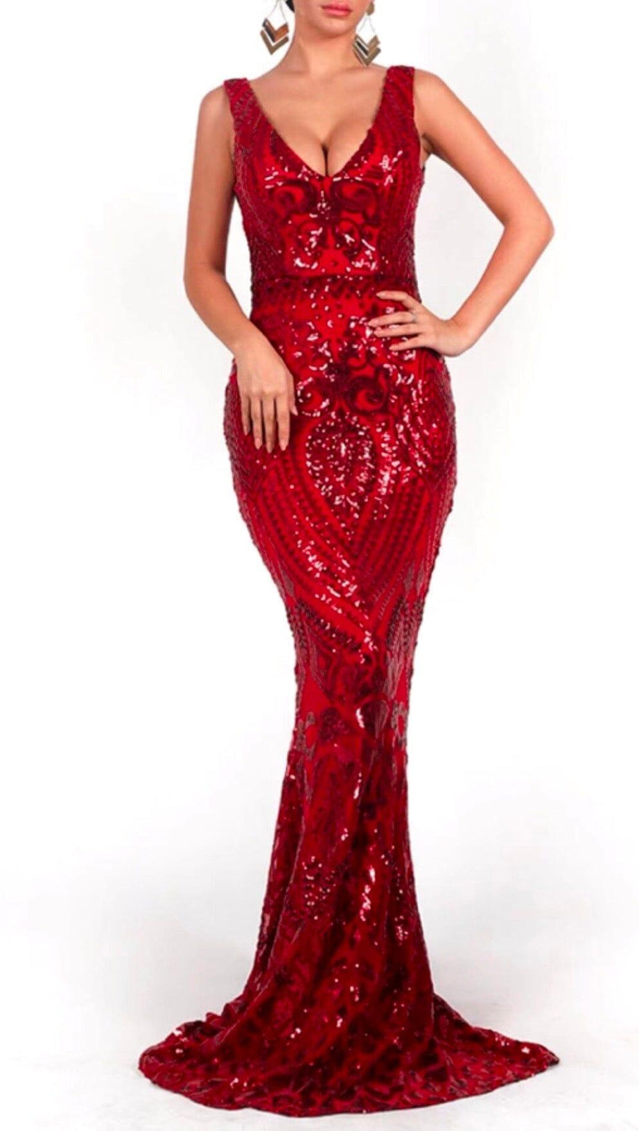 ABITO LUNGO SENZA MANICHE CON SCOLLO A V E PAILLETTES ROSSO