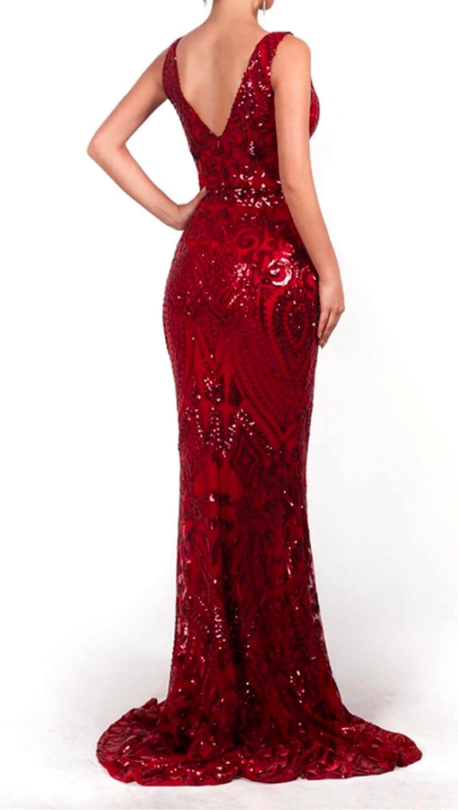 V-NECK SLEEVELESS SEQUINS MAXI DRESS IN RED