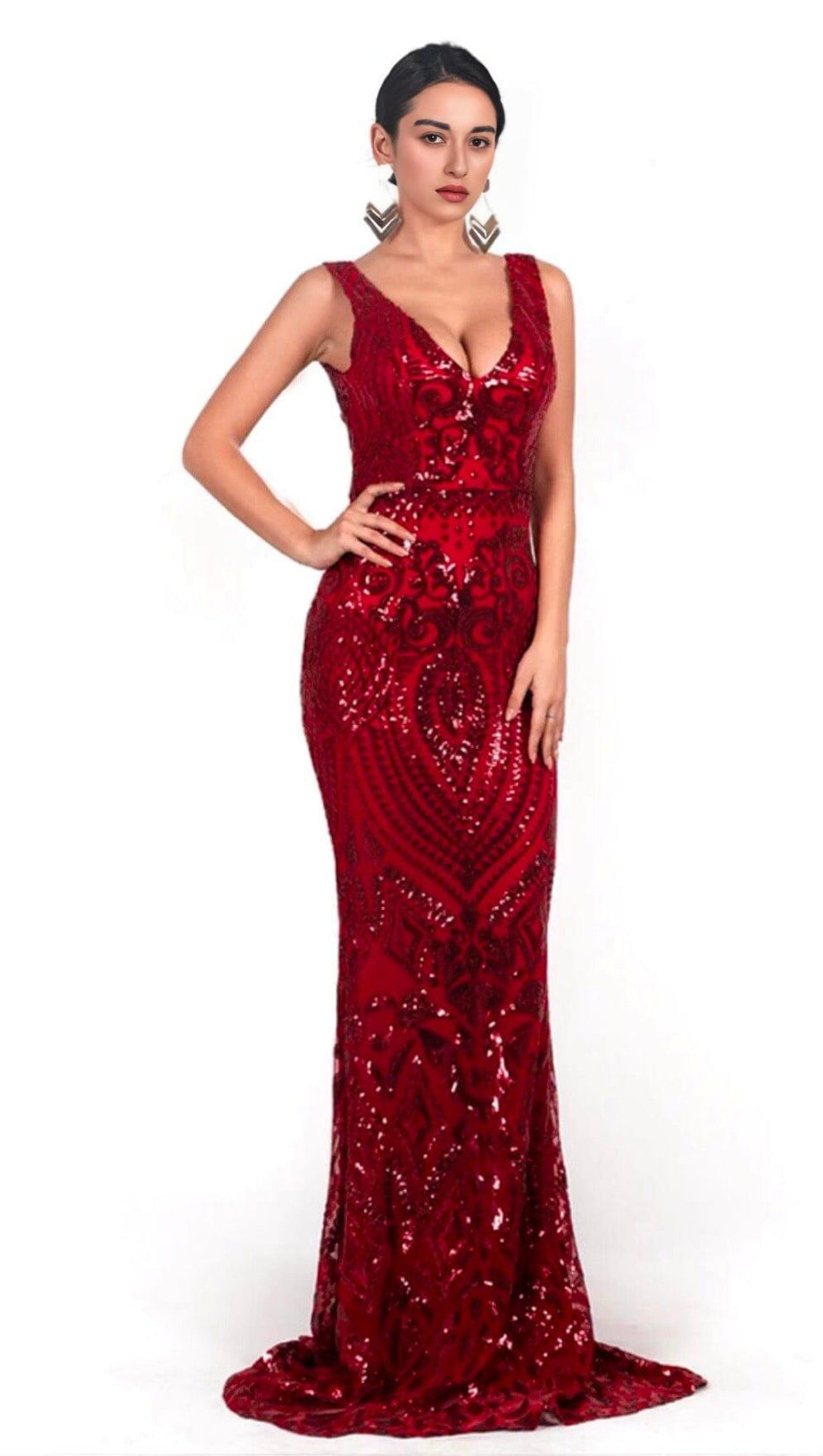 V-NECK SLEEVELESS SEQUINS MAXI DRESS IN RED