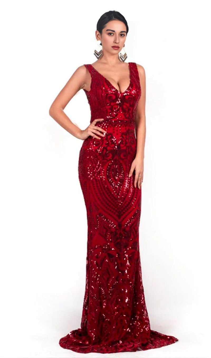 V-NECK SLEEVELESS SEQUINS MAXI DRESS IN RED