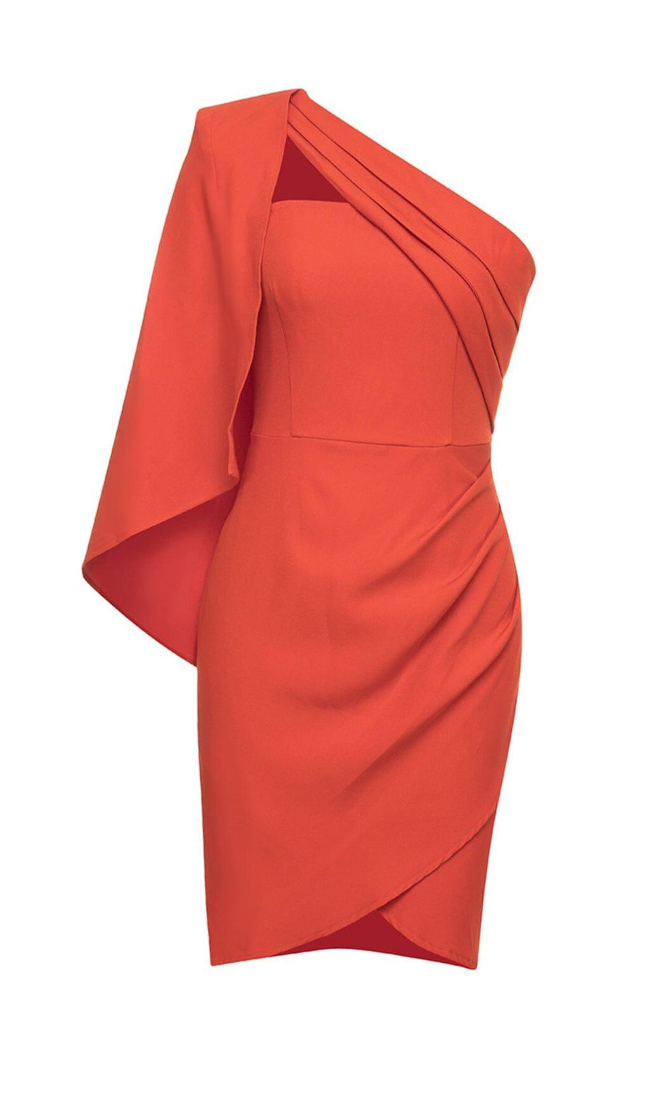 Orangefarbenes Kleid mit One-Shoulder-Mantelärmeln und Wickelsaum