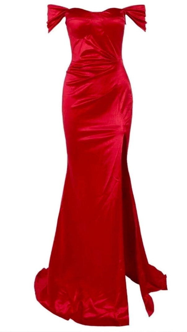 AIIZIE OFF SHOULDER SATIN HIGH SLIT FLOOR LENGTH DRESS IN RED - product image