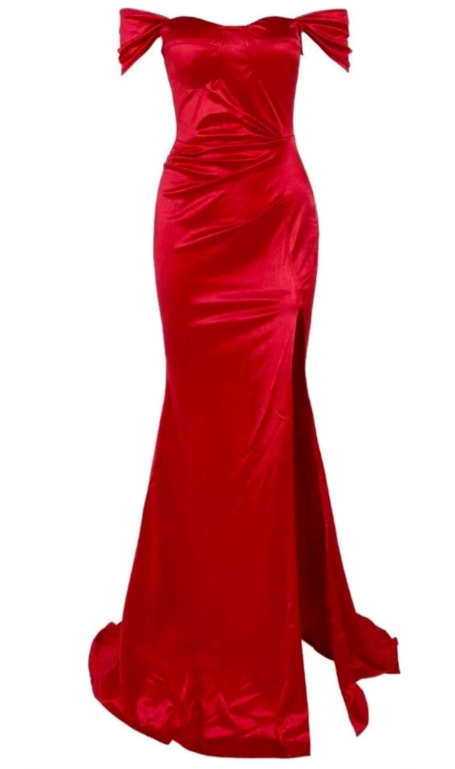 OFF-SHOULDER-KLEID AUS SATIN MIT HOHEM SCHLITZ UND BODENLANGER LÄNGE IN ROT